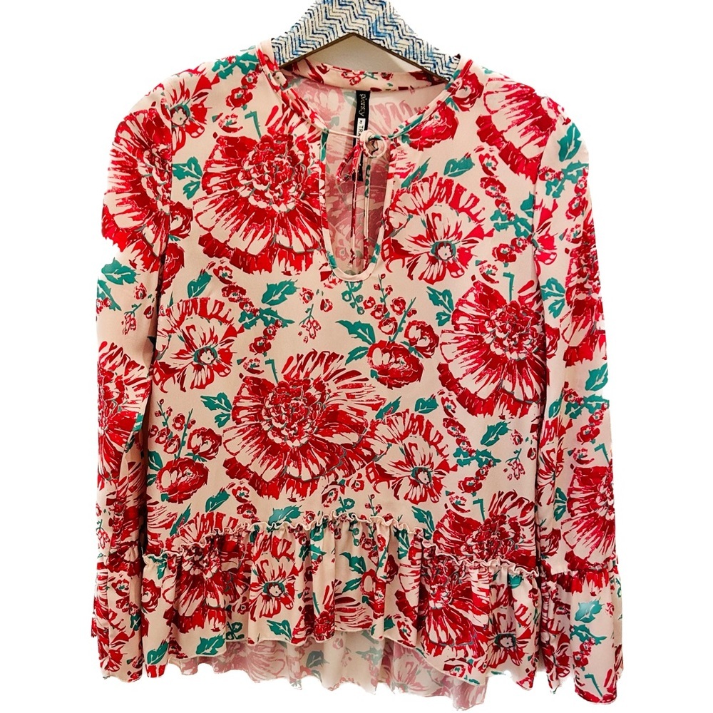 Plenty by Tracy Reese Floral Blouse small tie neck ruffles pink green